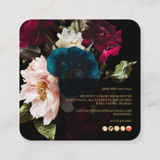 PixDezines Dark Moody花 スクエア名刺 (裏面)