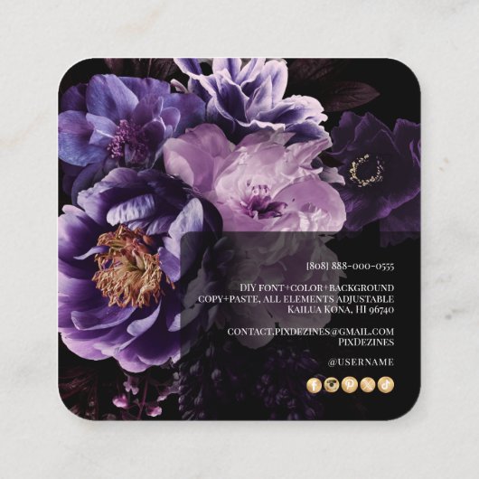 PixDezines Dark Moody Flowers スクエア名刺 (裏面)
