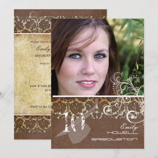 PixDezines Desiree ダマスク+スワール 卒業式 招待状 (正面/裏面)