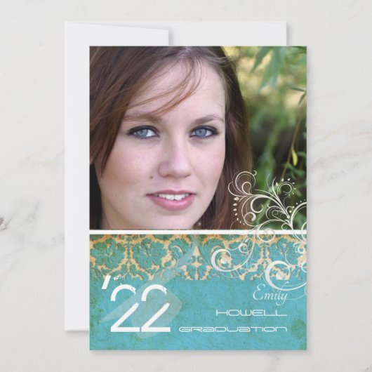 PixDezines Desiree ダマスク/ヴィンテージターコイズ 招待状 (正面)