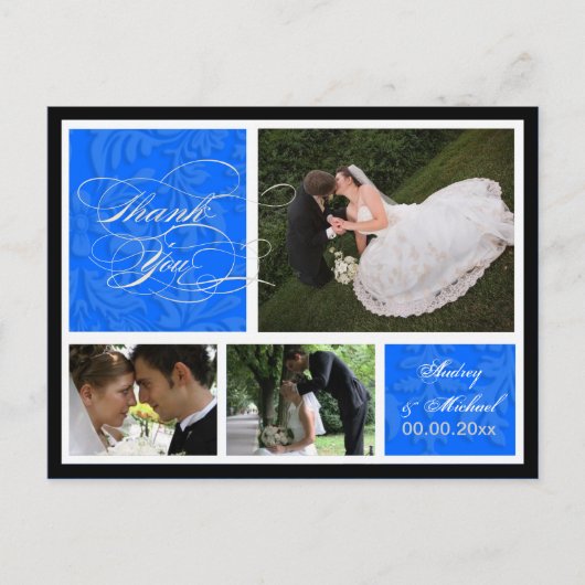 PixDezines DIYカラー/ダマスク写真サンキュー/ブルー ポストカード (正面)