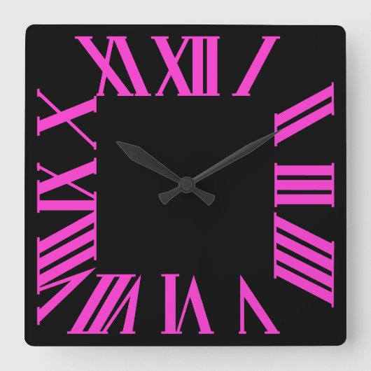 PixDezines DIY カラー ホットピンク ローマ数字 スクエア壁時計 (正面)