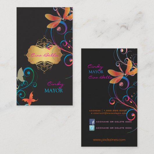 PixDezines Dragonflies Journey Rainbow 名刺 (正面/裏面)