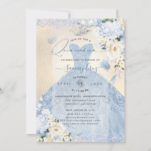 PixDezines Dusty Blueバラキンセアニェラドレス 招待状 (裏面)