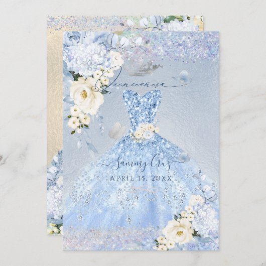 PixDezines Dusty Blueバラキンセアニェラドレス 招待状 (正面/裏面)