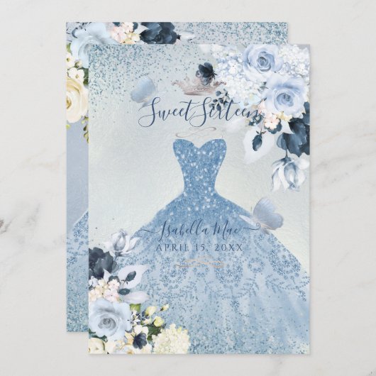 PixDezines Dusty BlueバラSweet sixteen 招待状 (正面/裏面)