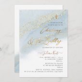 PixDezines Dusty Blue金ゴールド《キリスト教》洗礼式や命名式1st BD 招待状 (正面/裏面)