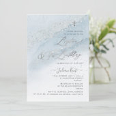 PixDezines Dusty Blue Silverバプテスマ+1歳の誕生日 招待状 (スタンド正面)