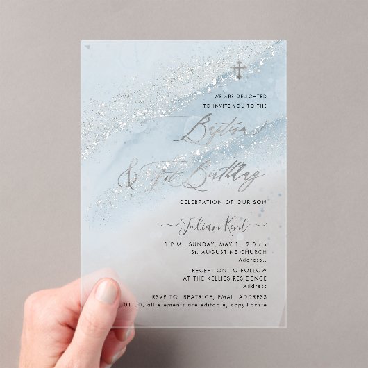 PixDezines Dusty Blue Silver Baptism+1st Birthday アクリル招待状 (インサイチュ (ポータブル))