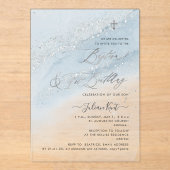 PixDezines Dusty Blue Silver Baptism+1st Birthday アクリル招待状 (正面)
