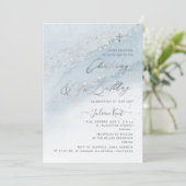 PixDezines Dusty Blue Silver Christening 1st BD 招待状 (スタンド正面)