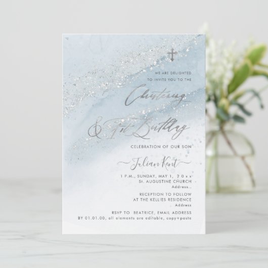 PixDezines Dusty Blue Silver Christening 1st BD 招待状 (スタンド正面)
