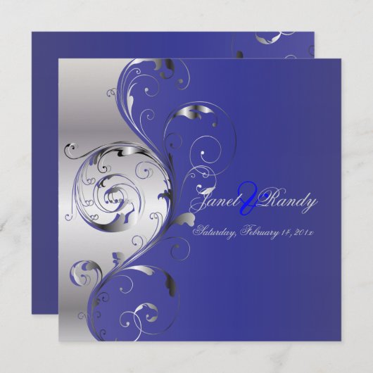 PixDezines Filigree+swarls/silver+blue 招待状 (正面/裏面)