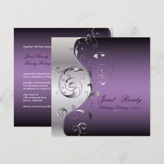 PixDezines Filigree+swirls/silver+lavender 招待状 (正面/裏面)