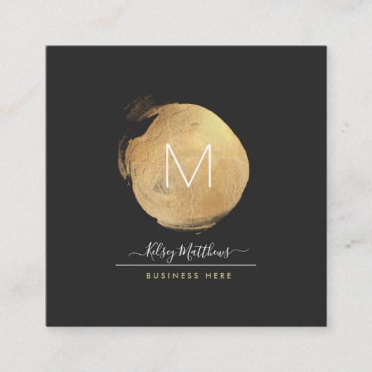 PixDezines Glam Monogram ブラック+ゴールドスポット スクエア名刺 (正面)