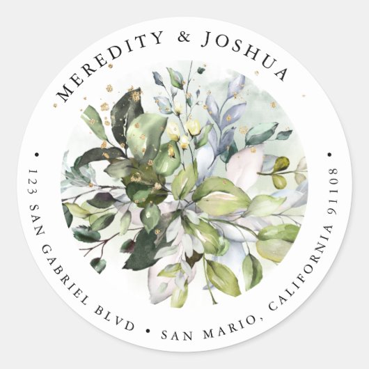 PixDezines Greenery、セージ緑の銀色の葉 ラウンドシール (正面)