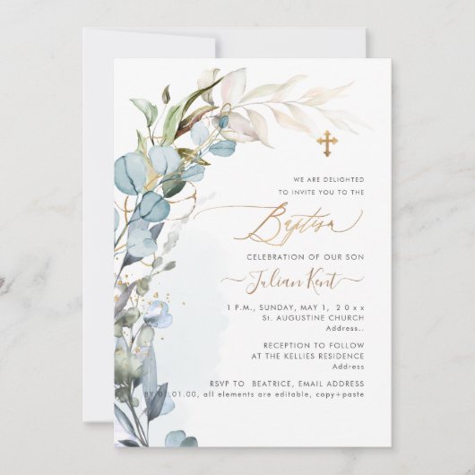 PixDezines H2ほこりっぽいブルーガム葉バプテスマ 招待状 (正面)