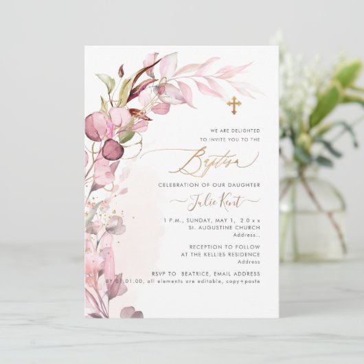 PixDezines H2ほこりっぽい赤面ガムビーズバプテスマ 招待状 (スタンド正面)