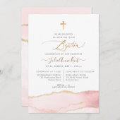 PixDezines H2アゲート赤面ピンク金ゴールドバプテスマ 招待状 (正面/裏面)