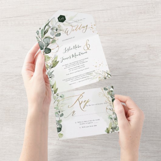 PixDezines H2ガムユーカリ素朴プタスグリーン金ゴールド オールインワン招待状 (貼ってはがせる)