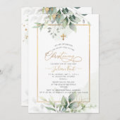 PixDezines H2グリーン金ゴールドユーカリプタス《キリスト教》洗礼式や命名式 招待状 (正面/裏面)