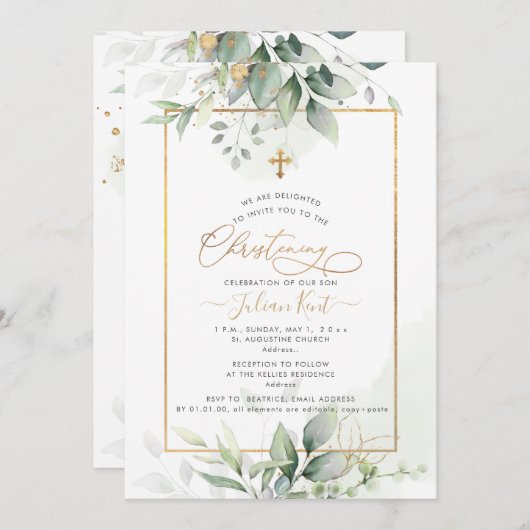 PixDezines H2グリーン金ゴールドユーカリプタス《キリスト教》洗礼式や命名式 招待状 (正面/裏面)