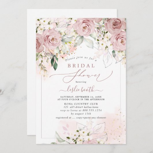 PixDezines H2ダスティピンクローズブライダルシャワー 招待状 (正面/裏面)