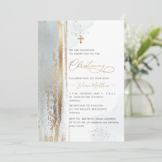 PixDezines H2ダスティーブルー《キリスト教》洗礼式や命名式招待状 招待状 (スタンド正面)