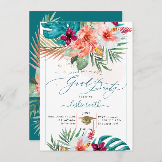 PixDezines H2トロピカルパラダイスルアウ(ハワイ式宴会)卒業イン 招待状 (正面/裏面)