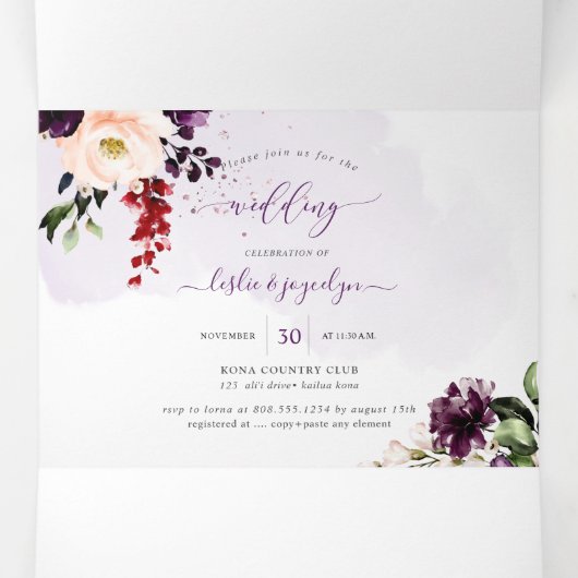 PixDezines H2ナス素朴ブルゴーニュの花 三つ折り招待状 (内部中)