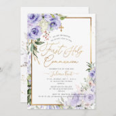 PixDezines H2パープルバラファーストホーリーコミュニオン 招待状 (正面/裏面)