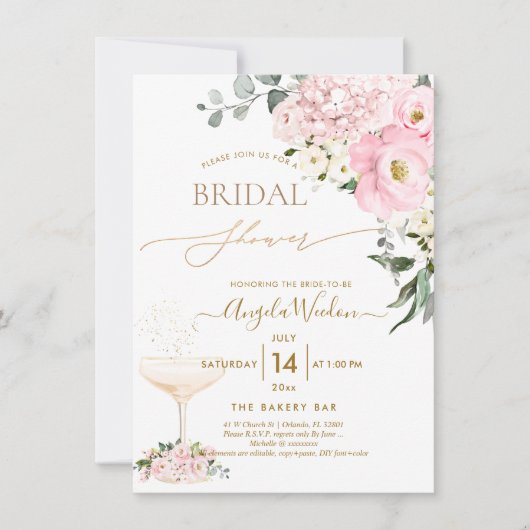 PixDezines H2ピンクアジサイバラブライダルシャワー 招待状 (正面)