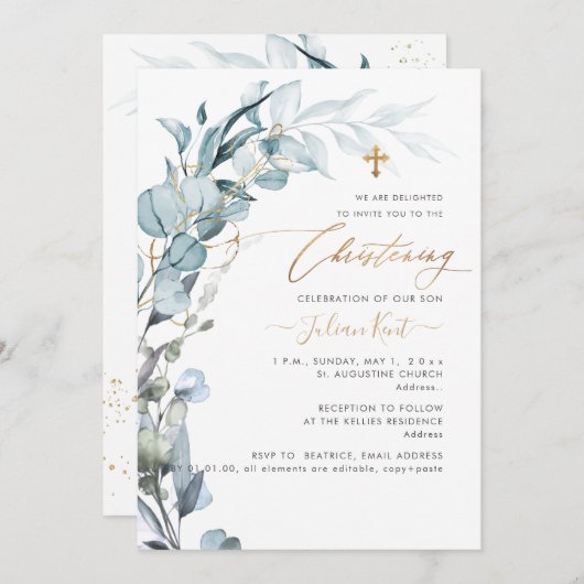 PixDezines H2ブルーガムユーカリプタス《キリスト教》洗礼式や命名式 招待状 (正面/裏面)