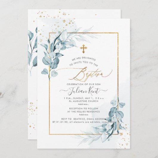 PixDezines H2ブルーガムユーカリ洗礼 招待状 (正面/裏面)