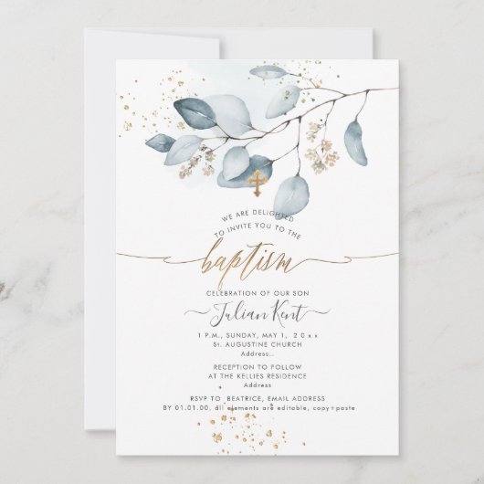 PixDezines H2ブルーガムユーカリ洗礼 招待状 (正面)