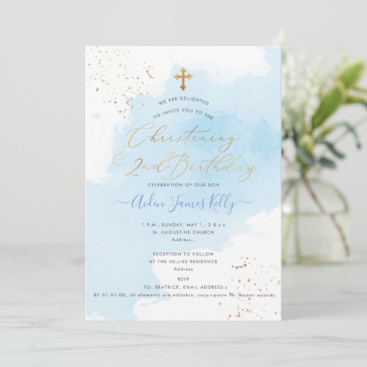 PixDezines H2ブルー《キリスト教》洗礼式や命名式+2nd誕生日 招待状 (スタンド正面)