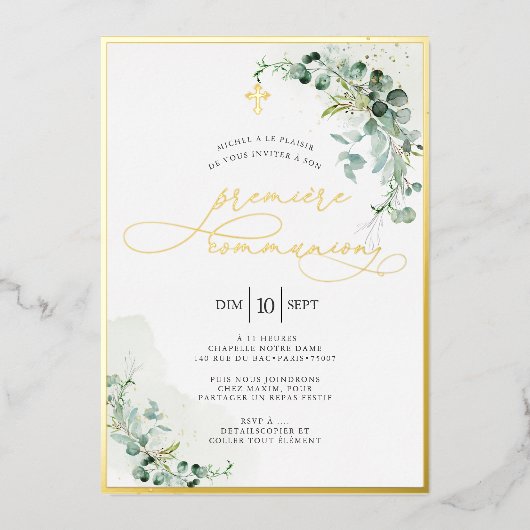 PixDezines H2ユーカリ素朴プミエール聖餐会 箔招待状 (正面)