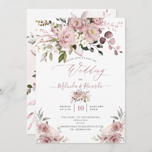 PixDezines H2花ほこりっぽいバラアジサイ 招待状 (正面/裏面)