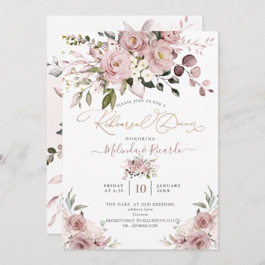 PixDezines H2花ほこりっぽいバラアジサイ 招待状 (正面/裏面)