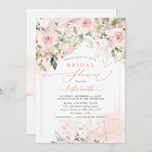 PixDezines H2赤面バラアジサイブライダルシャワー 招待状 (正面/裏面)