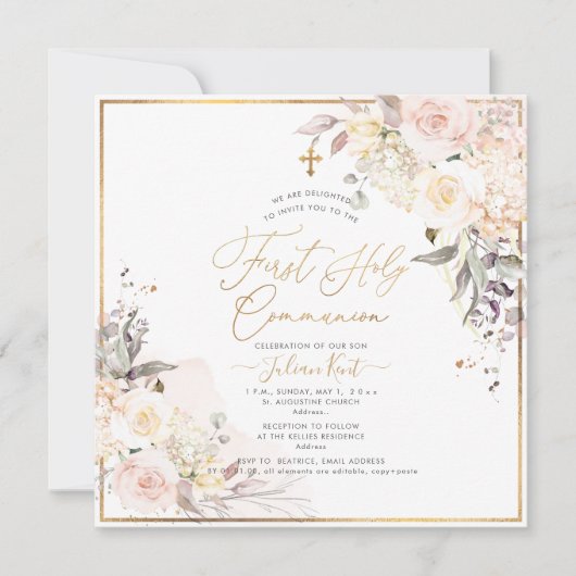 PixDezines H2赤面バラ第一聖餐会 招待状 (正面)