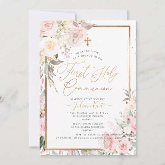 PixDezines H2赤面バラ第一聖餐会 招待状 (正面)