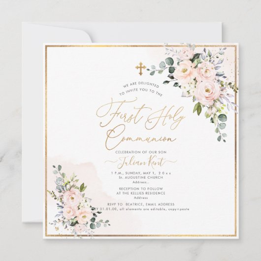 PixDezines H2赤面バラ第1回聖餐会  招待状 (正面)