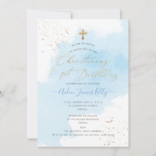 PixDezines H2青色《キリスト教》洗礼式や命名式+第1誕生日 招待状 (正面)
