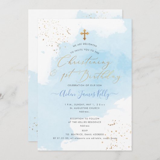 PixDezines H2青色《キリスト教》洗礼式や命名式+第1誕生日 招待状 (正面/裏面)