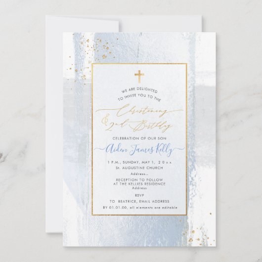 PixDezines H2青色《キリスト教》洗礼式や命名式+第2誕生日インビタ 招待状 (正面)