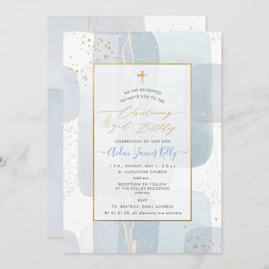 PixDezines H2青色《キリスト教》洗礼式や命名式+第2誕生日 招待状 (正面/裏面)
