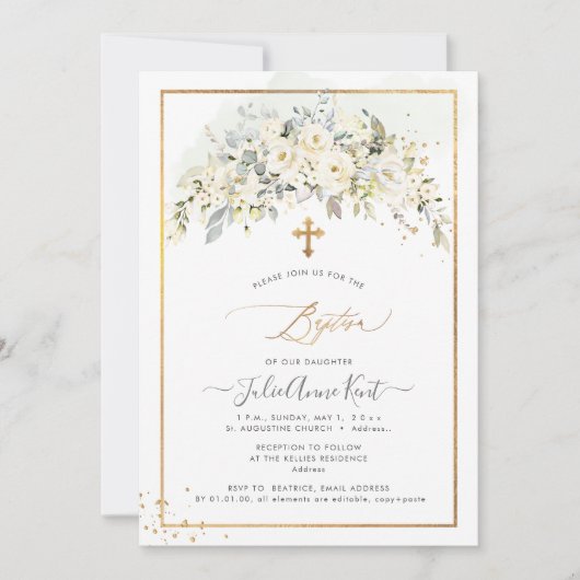 PixDezines H2 アラバスター ローズ 洗礼 招待状 (正面)