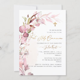 PixDezines H2 ダスティーブルーシュガーレッドフォリアージュ コミュニオン 招待状