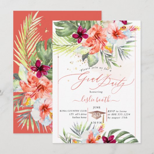 PixDezines H2 トロピカルパラダイス ルアウ 卒業パーティー 招待状 (正面/裏面)